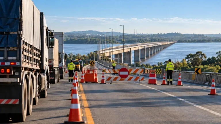 Ilustração editorial de bloqueio temporário em uma ponte rodoviária