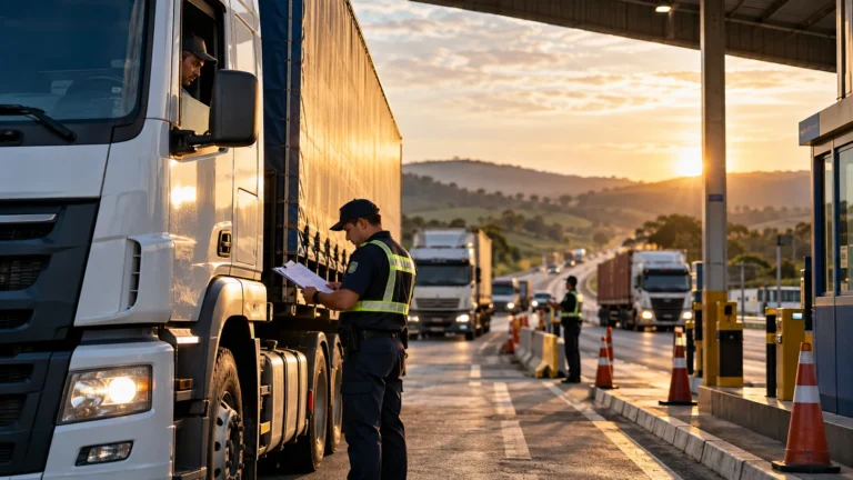 Ilustração de fiscalização rodoviária com caminhões ao pôr do sol