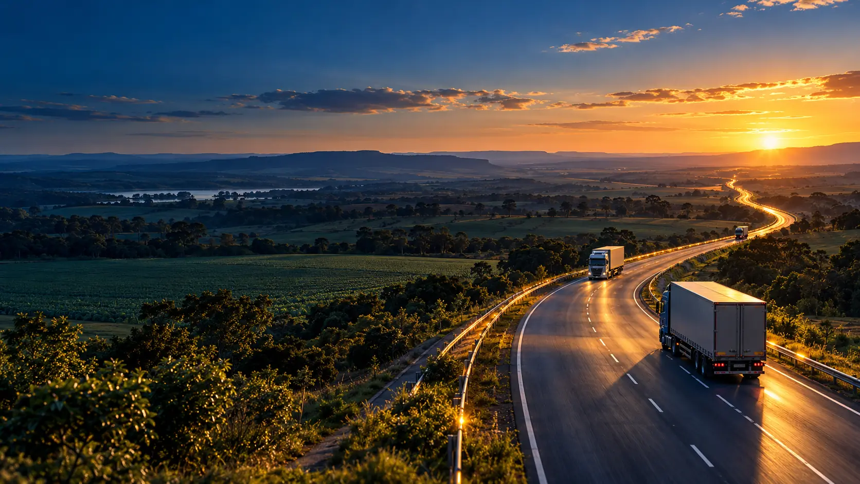 Rodovia brasileira com caminhões representando conexão e movimento logístico
