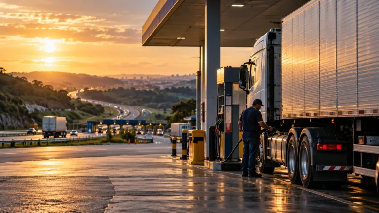Ilustração de caminhão sendo abastecido em posto rodoviário ao entardecer