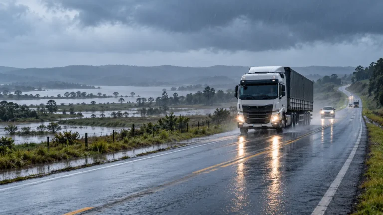 Ilustração editorial de caminhão em rodovia sob chuva e risco hidrológico na Região Sul
